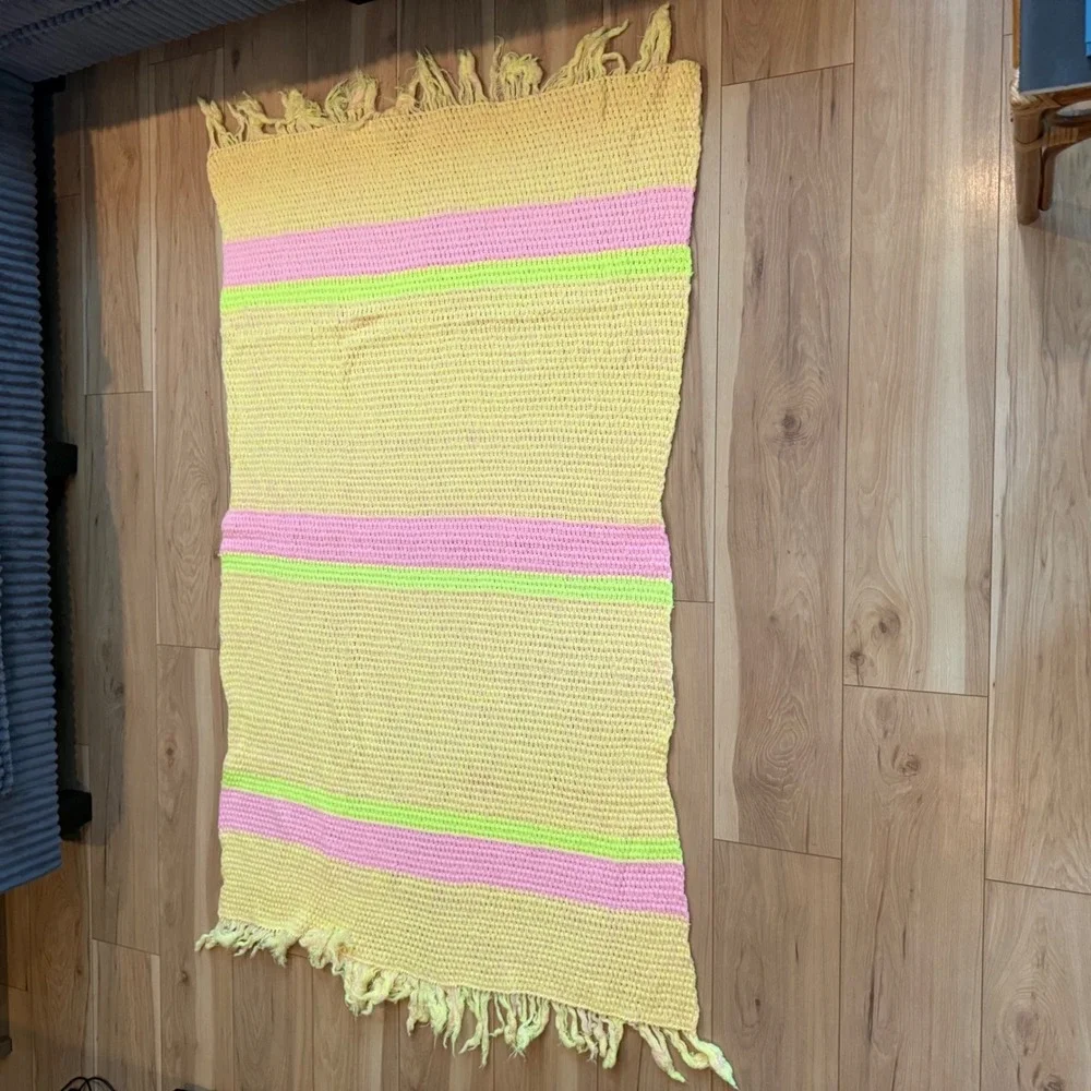 Vtg Handmade Crochet Throw Blanket Yellow Pink Green Stripes Fringe Boho Cottage